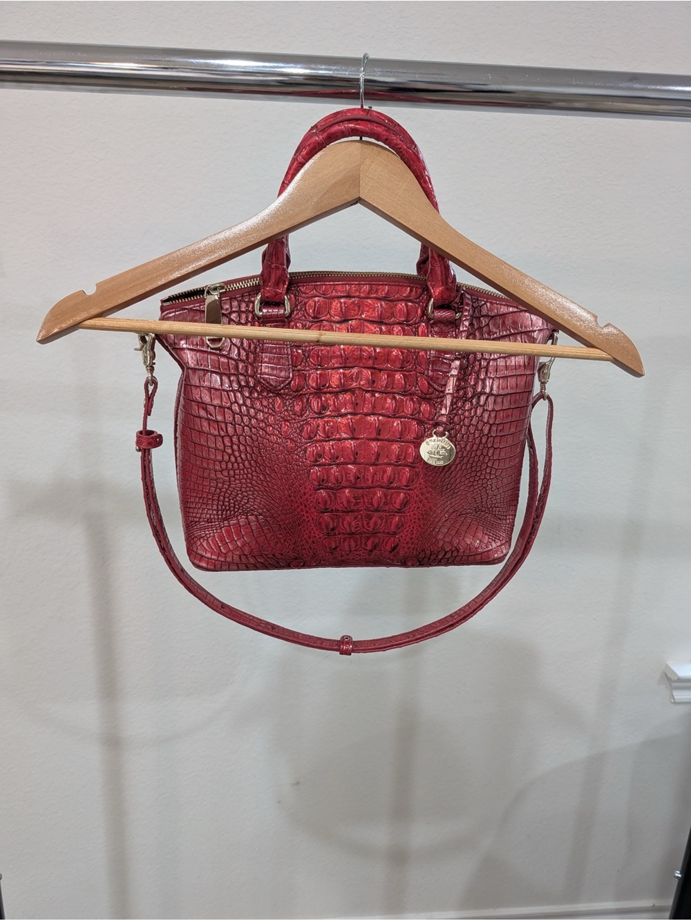 Brahmin Red Croc-Embossed Leather Satchel with Gold Hardware